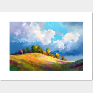 Abstract landscape with hills and trees and cloudy sky. Posters and Art